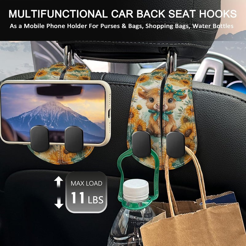 Blusabaca 2PCS Car Hooks for Purses Bags, Highland Cow Cattle Artwork Modern Seat Back Storage Headrest Holder Hanger PU Leather Double Metal Backseat Organizer, Women Car Accessories Organization - Image 3